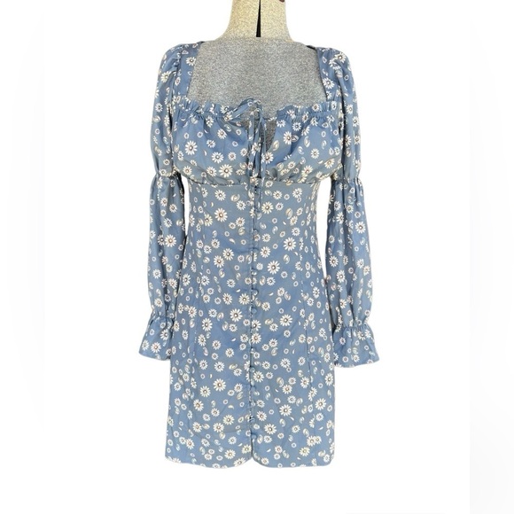 Storia Blue Floral Puff Sleeve Smocked Button Dress - Picture 2 of 10